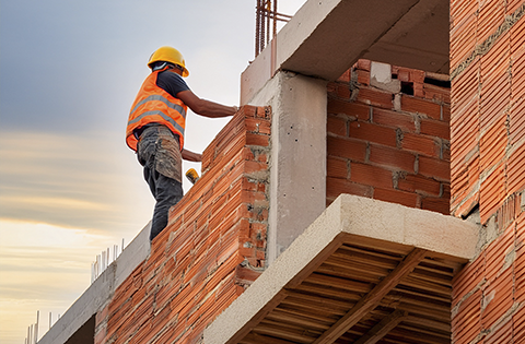 Trabalhador da construção civil, com capacete e colete, ergue parede de tijolos em obra.