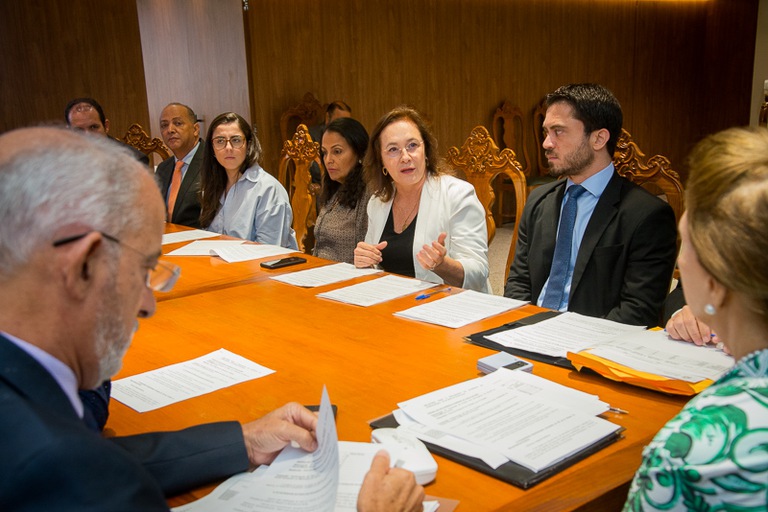 Fotografia de uma mesa de reunião com algumas pessoas discutindo sobre organização estrutural.