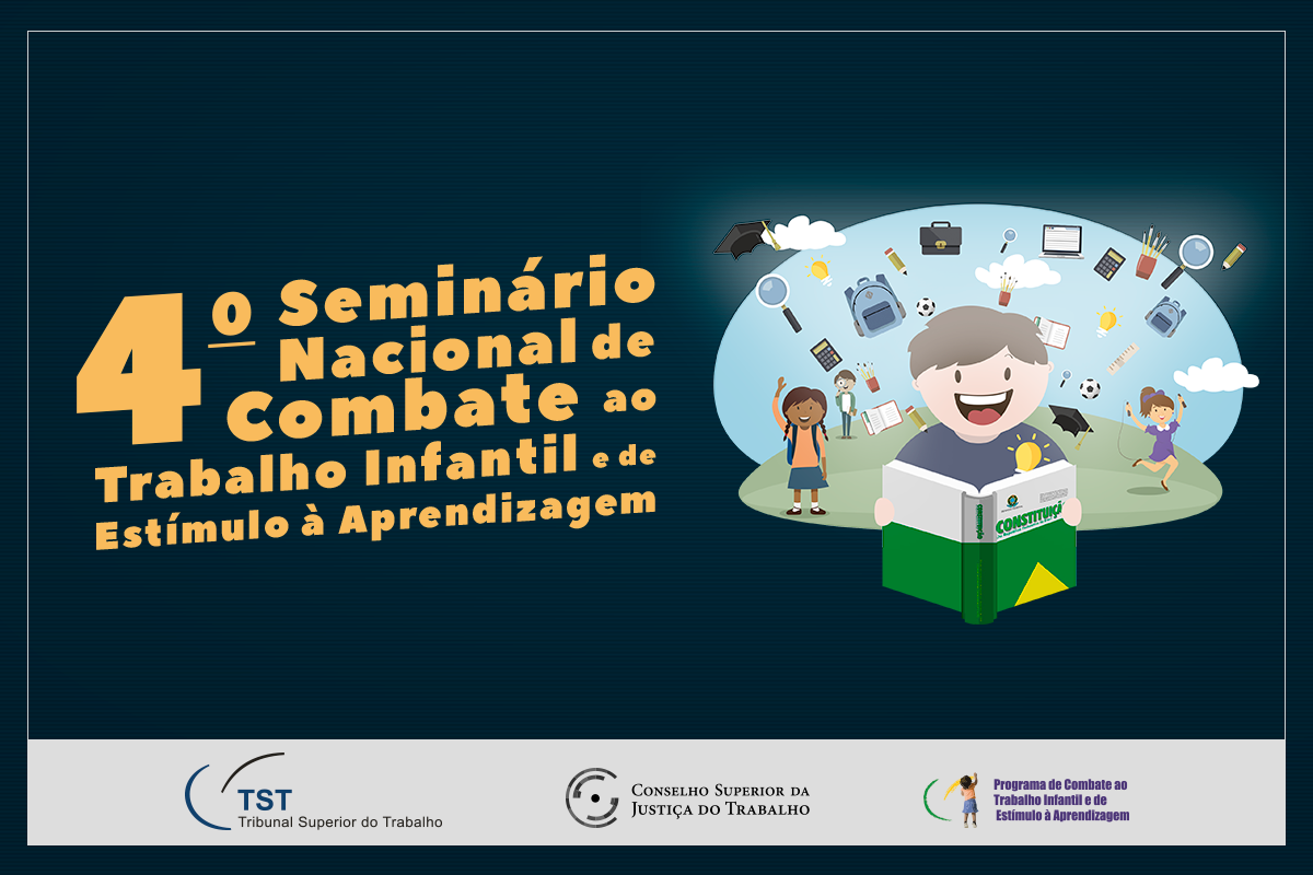 Ilustração de criança segurando a Constituição Brasileira com imagem de, menina, menino, pasta, computador, lâmpada, nuvem, lupa. 