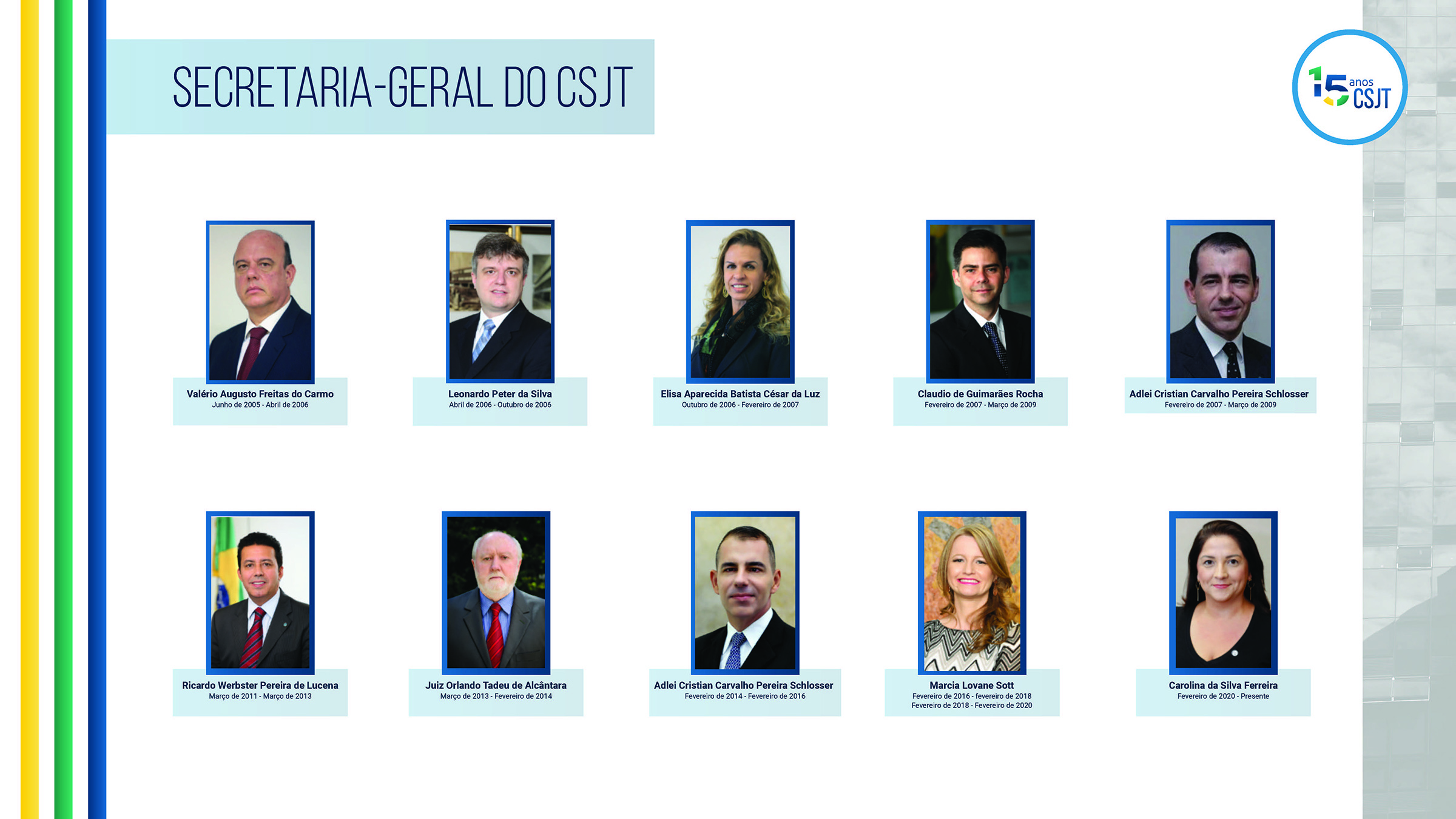 Relação dos secretários-gerais do CSJT, Valério Augusto Freitas do Carmo de Junho de 2005 a Abril de 2006, Leonardo Peter da Silva de Abril de 2006 a Outubro de 2006. Elisa Aparecida Batista César da Luz de Outubro de 2006 a Fevereiro de 2007. Claudio de Guimarães Rocha de Fevereiro de 2007 a Março de 2009. Adlei Cristian Carvalho Pereira Schlosser de Fevereiro de 2007 a Março de 2009. Valério Augusto Freitas do Carmo de Junho de 2005 a Abril de 2006. Leonardo Peter da Silva de Abril de 2006 a Outubro de 2006. Elisa Aparecida Batista César da Luz de Outubro de 2006 a Fevereiro de 2007. Claudio de Guimarães Rocha de Fevereiro de 2007 a Março de 2009. Adlei Cristian Carvalho Pereira Schlosser de Fevereiro de 2007 a Março de 2009. Juiz Orlando Tadeu de Alcântara de Março de 2013 a Fevereiro de 2014. Juiz Orlando Tadeu de Alcântara de Março de 2013 a Fevereiro de 2014. Juiz Orlando Tadeu de Alcântara de Março de 2013 a Fevereiro de 2014. Juiz Orlando Tadeu de Alcântara de Março de 2013 a Fevereiro de 2014. 
