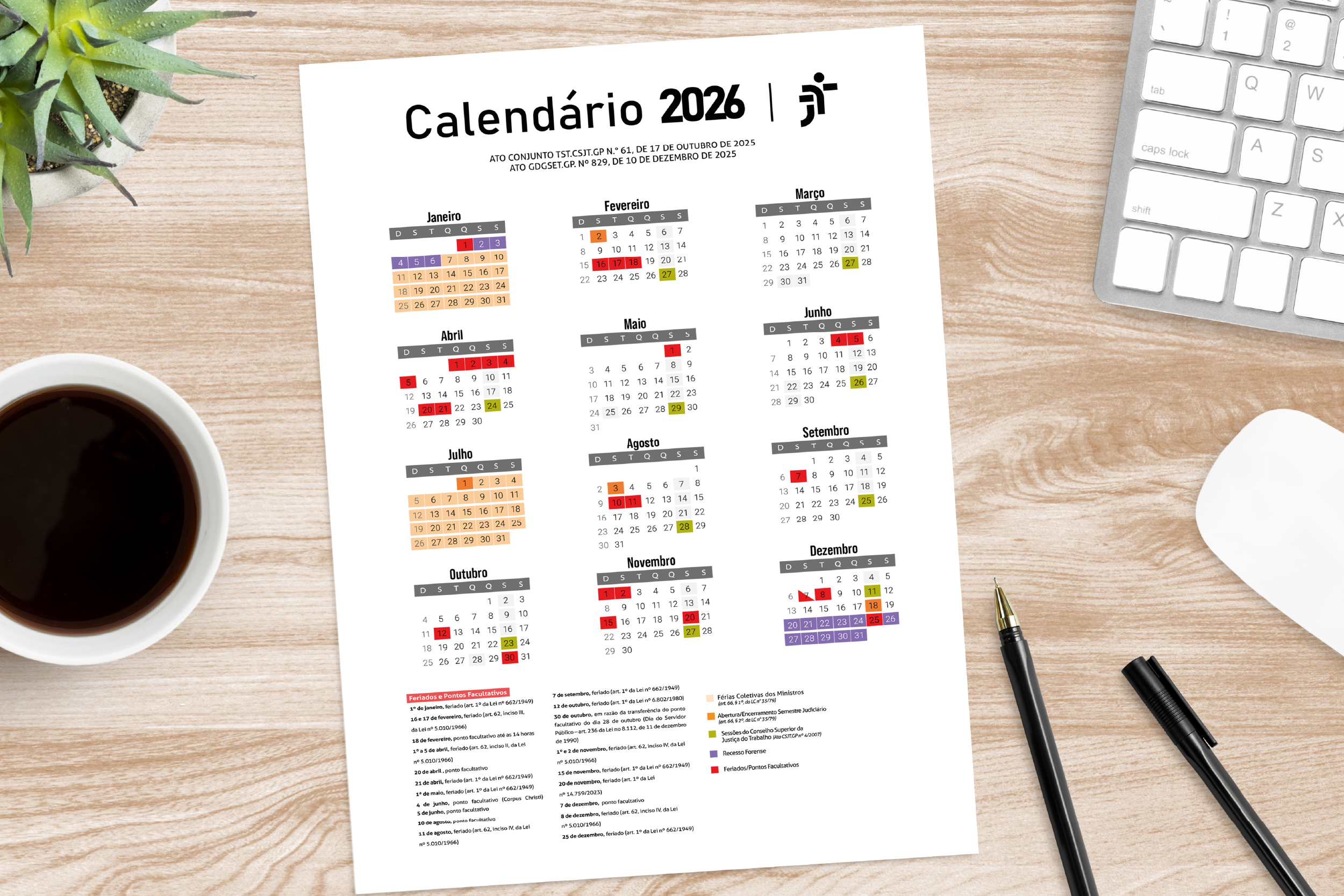 Confira o calendário oficial do CSJT para 2026