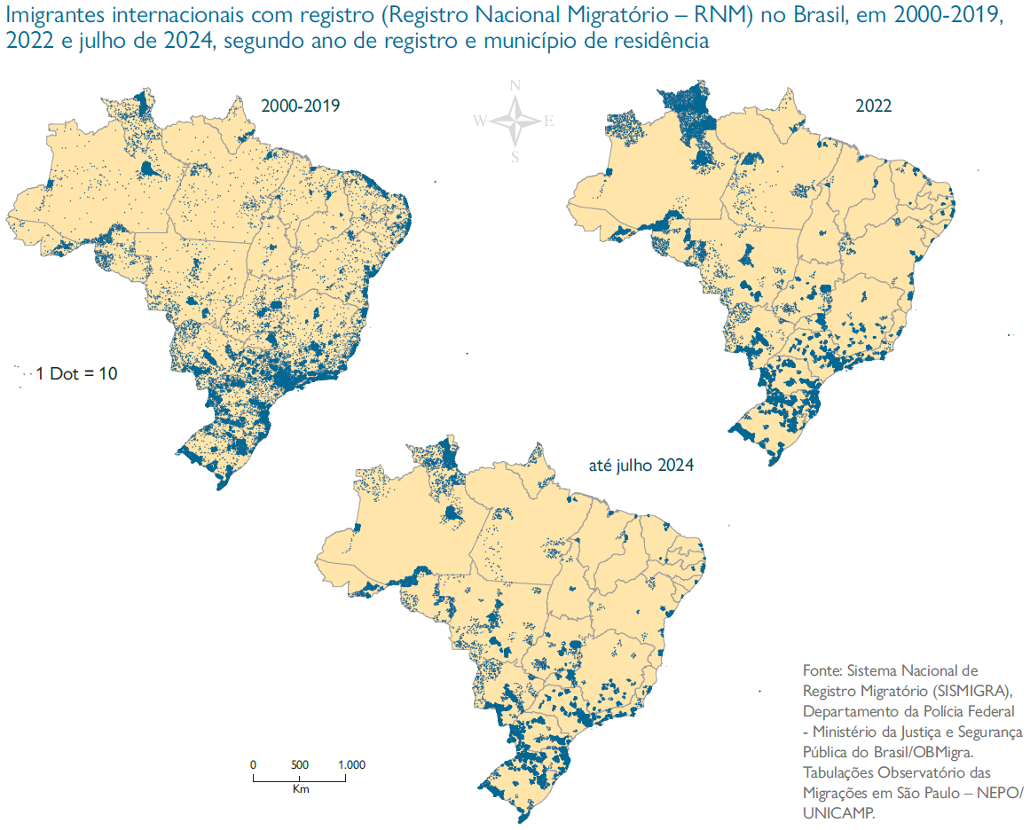 Print de três mapas do Brasil mostrando a concentração migratória no Brasil de 2000 a julho de 2024