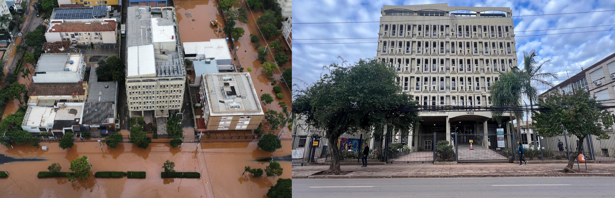 A imagem mostra duas fotos lado a lado do mesmo prédio do Foro Trabalhista de Porto Alegre.  À esquerda, uma vista aérea revela o prédio cercado por ruas totalmente alagadas por água marrom, com imóveis e árvores parcialmente submersos.  À direita, uma foto ao nível da rua mostra o prédio em situação normal, com a calçada seca, árvores na frente e pessoas caminhando.