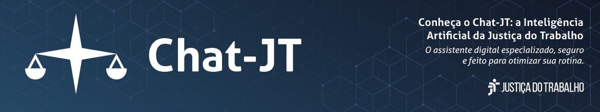 Ilustração da logo do sistema em um fundo azul marinho com ícones de tecnologia. A logo é uma estrela de quatro pontas com duas balanças nas pontas horizontais. Ao está escrito: Conheça o Chat-JT: a inteligência artificial da Justiça do Trabalho. O assistente digital especializado, seguro e feito pra otimizar sua rotina.
