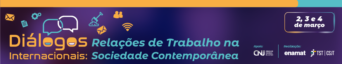 imagem de fundo roxo em degradê com dois balões conectados e vários ícones que representam o trabalho moderno para o Congresso Internacional Diálogos Internacionais: Relações de Trabalho na Sociedade Contemporânea